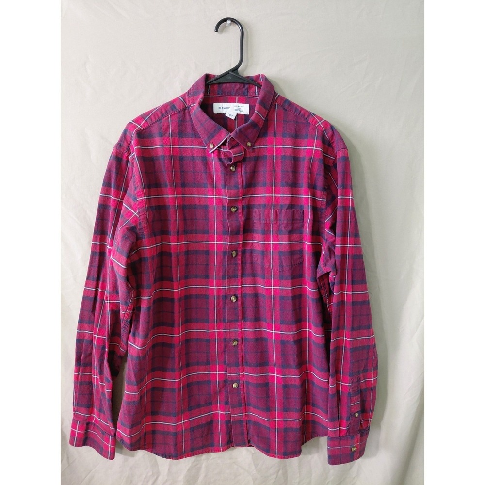 Old Navy Men's Flannel Shirt Size XL Red Blue Plaid Long Sleeve Button Down